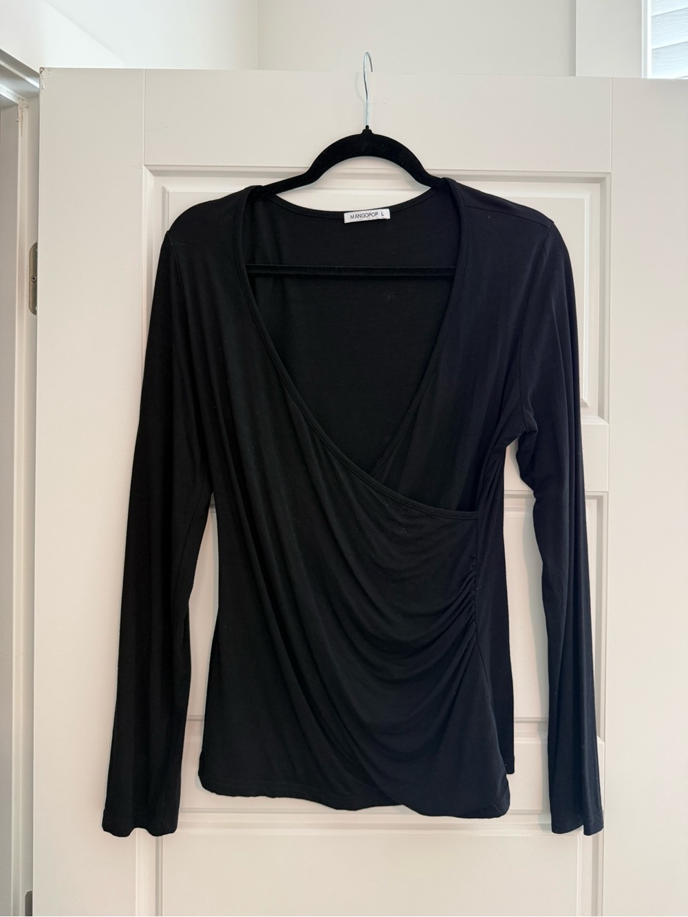 Black Long-Sleeve Wrap-Style Top